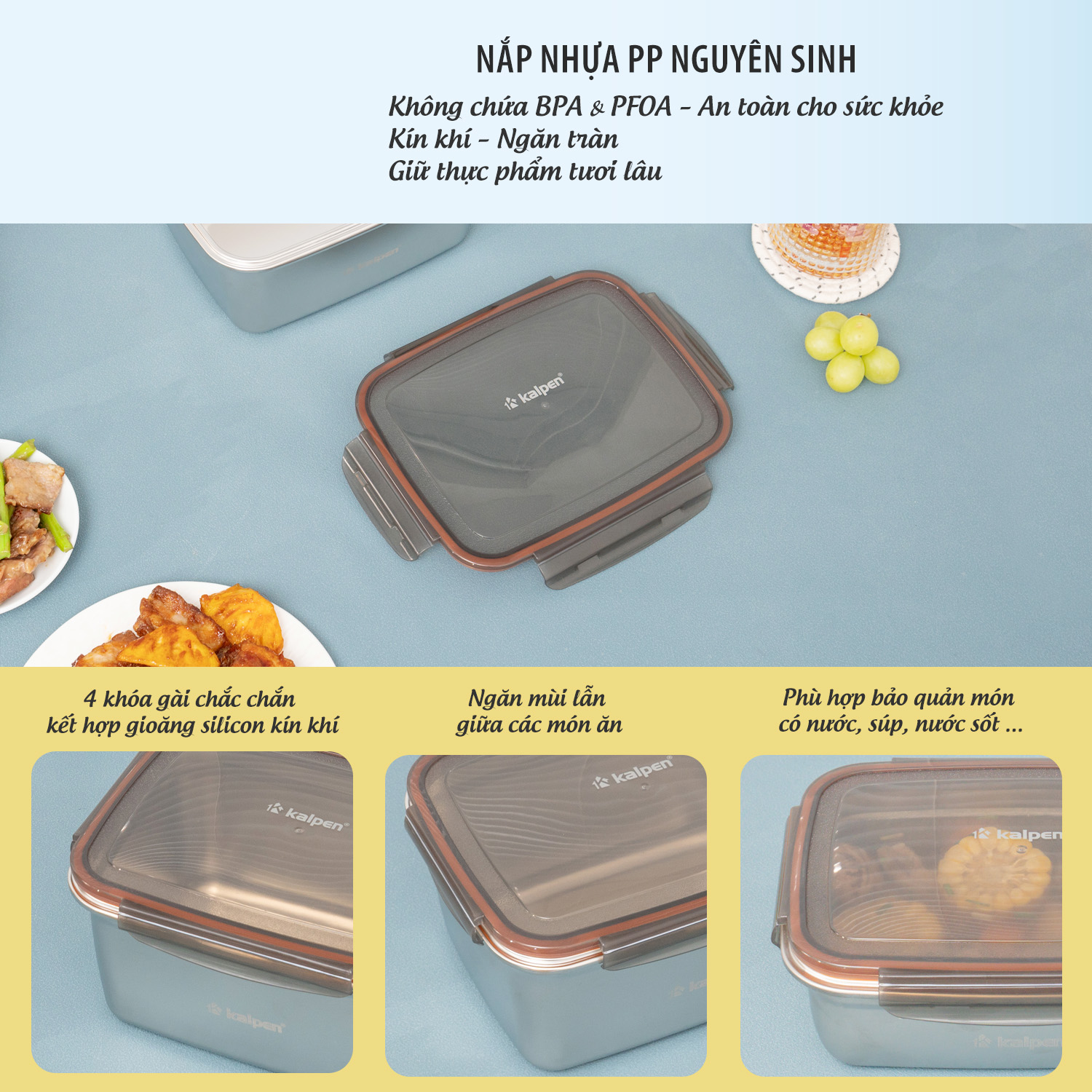 Hộp bảo quản thực phẩm Inox 304 Kalpen dùng trong lò vi sóng
