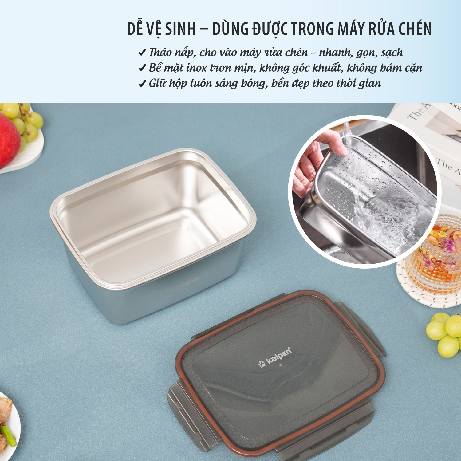 Hộp bảo quản thực phẩm Inox 304 Kalpen dùng trong lò vi sóng