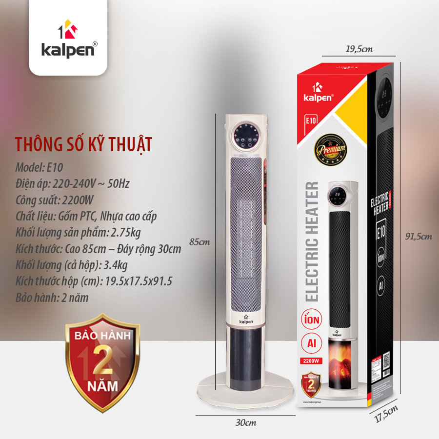 Máy sưởi gốm PTC Kalpen E10 ion diệt khuẩn 2200W kèm khiển từ xa
