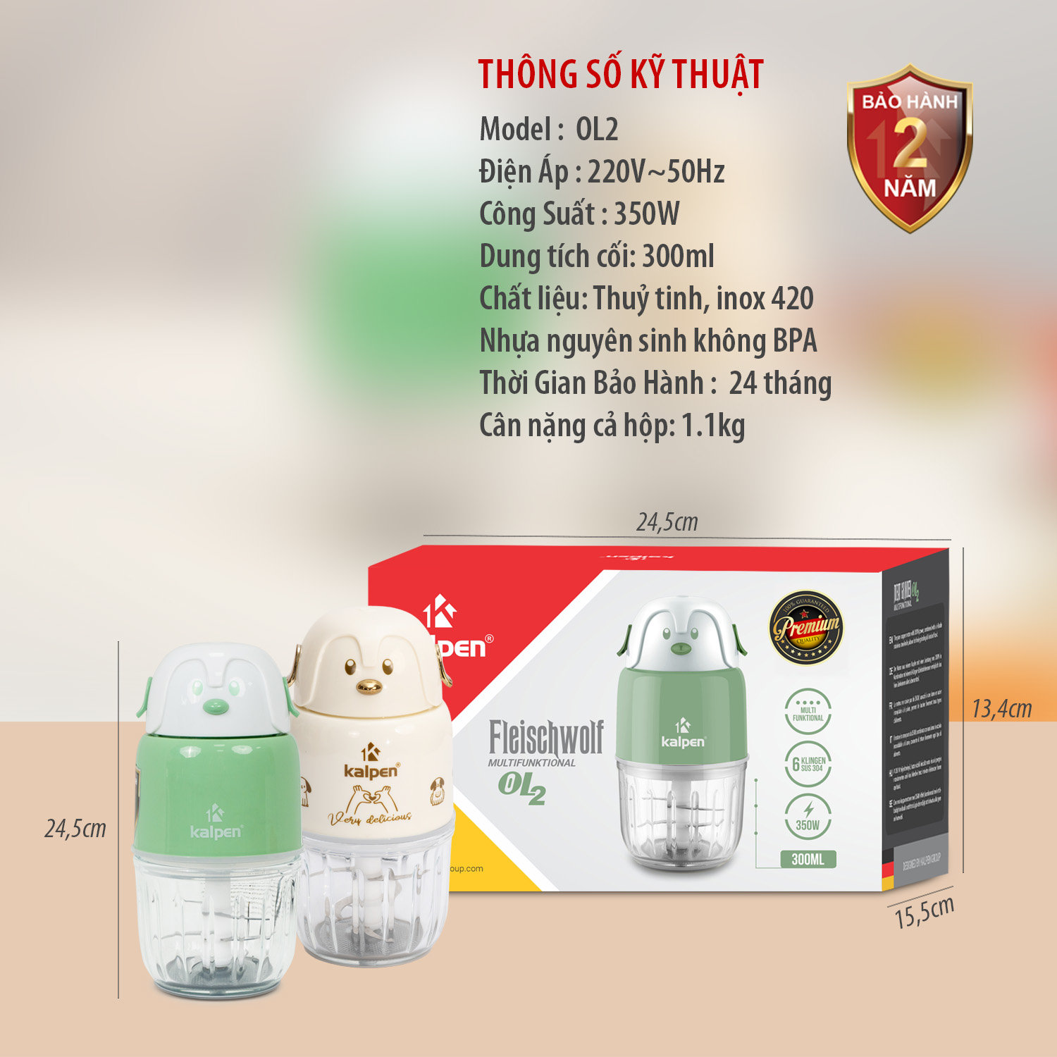 Máy xay thịt đa năng cối thuỷ tinh Kalpen OL2 dung tích 300ml