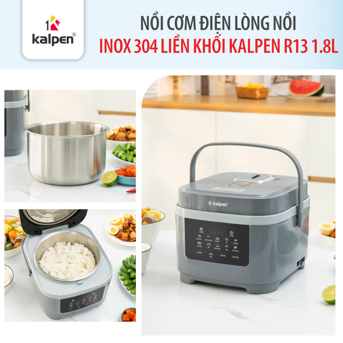 Nồi cơm điện tử Kalpen R13 dung tích 1.8L lòng nồi Inox 304
