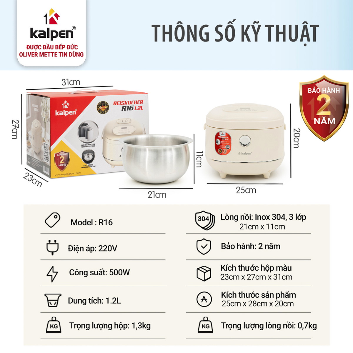 Nồi cơm điện tử lòng Inox 304 liền khối Kalpen R16 1.2L