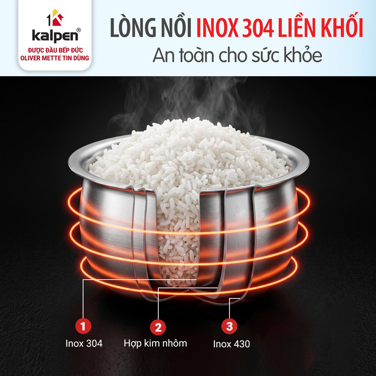 Nồi cơm điện tử lòng Inox 304 liền khối Kalpen R16 1.2L