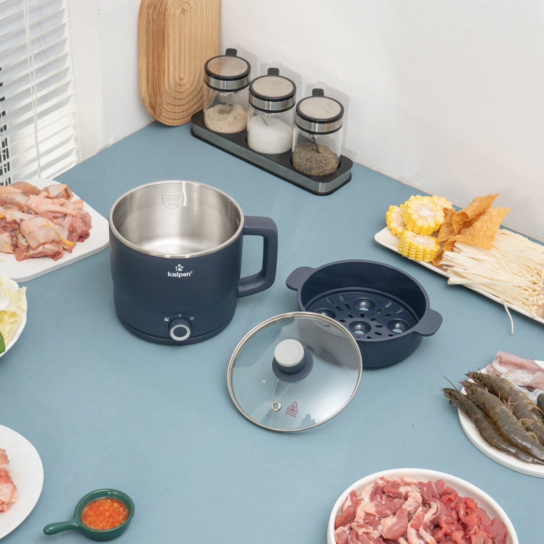 Ca lẩu điện mini đa năng Kalpen 1.8L có khay hấp