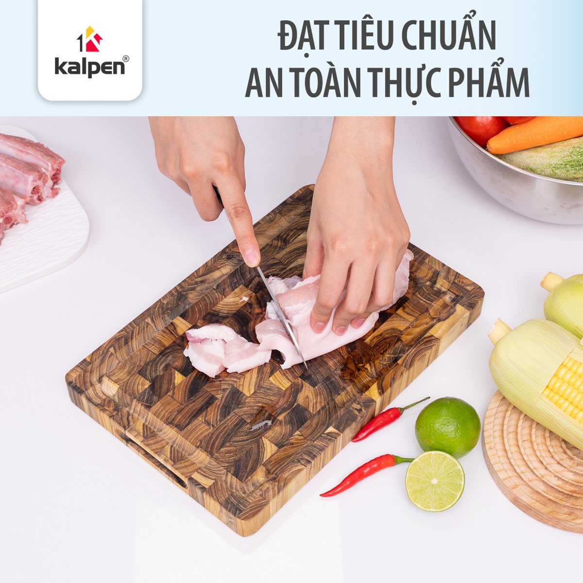 Thớt thái chữ nhật gỗ Teak tự nhiên Kalpen T6