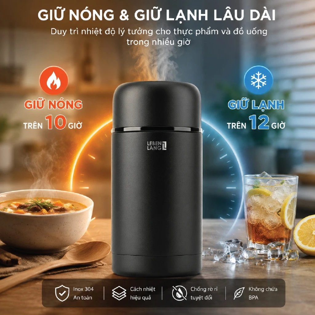 Bình ủ cháo giữ nhiệt Inox 304 Lebenlang LBL1802 dung tích 1000ml