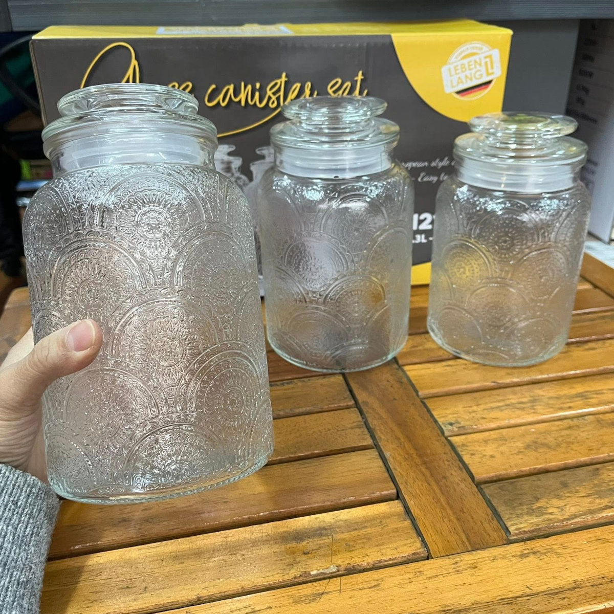 Bộ 3 hũ thuỷ tinh Lebenlang LBL1210 hoa văn nổi