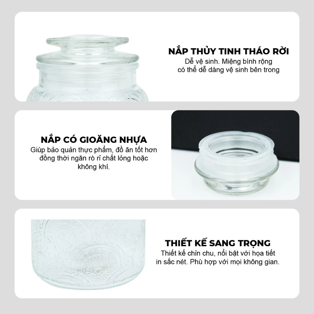 Bộ 3 hũ thuỷ tinh Lebenlang LBL1210 hoa văn nổi