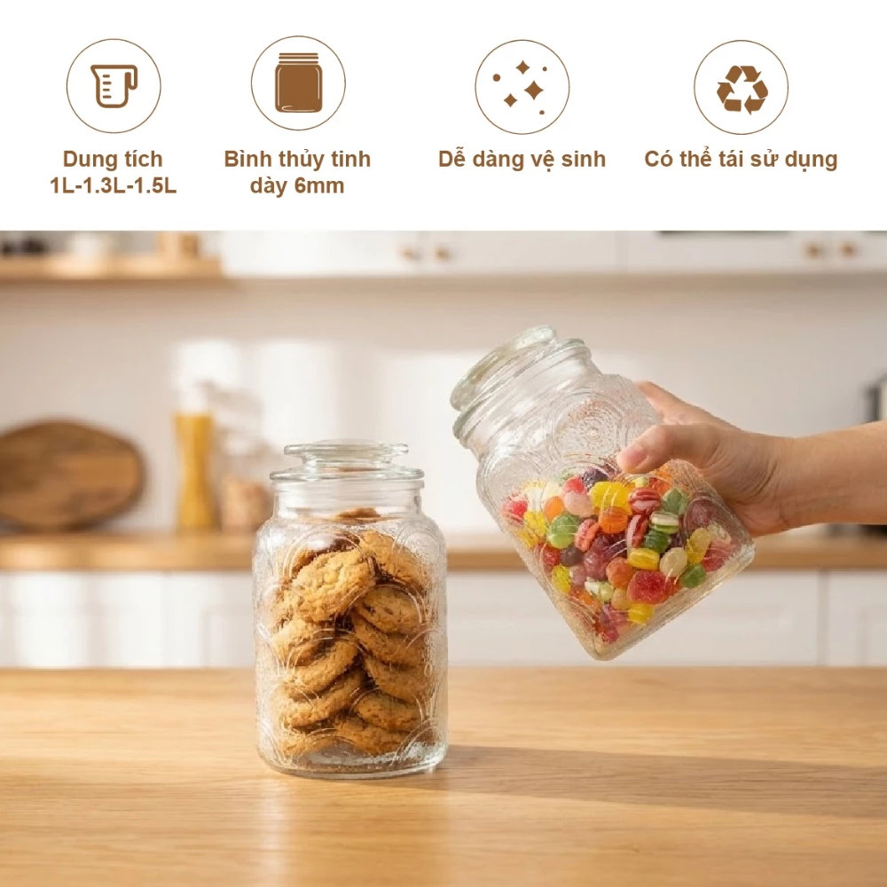 Bộ 3 hũ thuỷ tinh Lebenlang LBL1210 hoa văn nổi