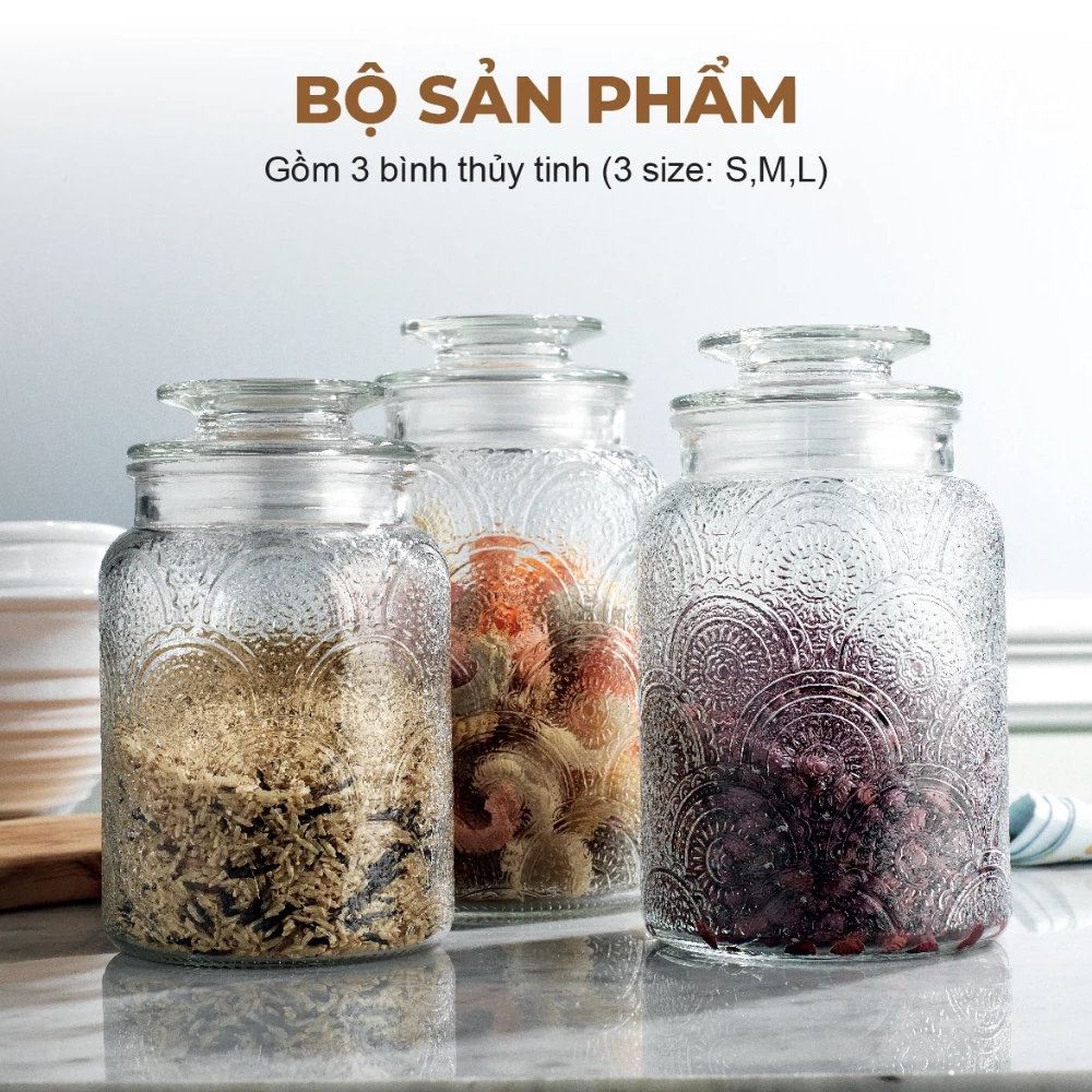 Bộ 3 hũ thuỷ tinh Lebenlang LBL1210 hoa văn nổi