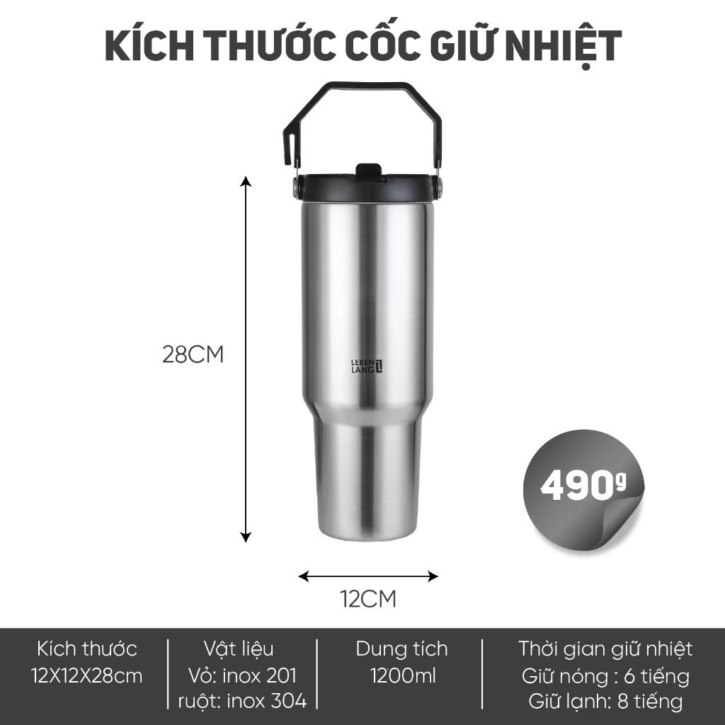 Cốc giữ nhiệt inox 304 Lebenlang LBL2473, dung tích 1.2L, có quai xách