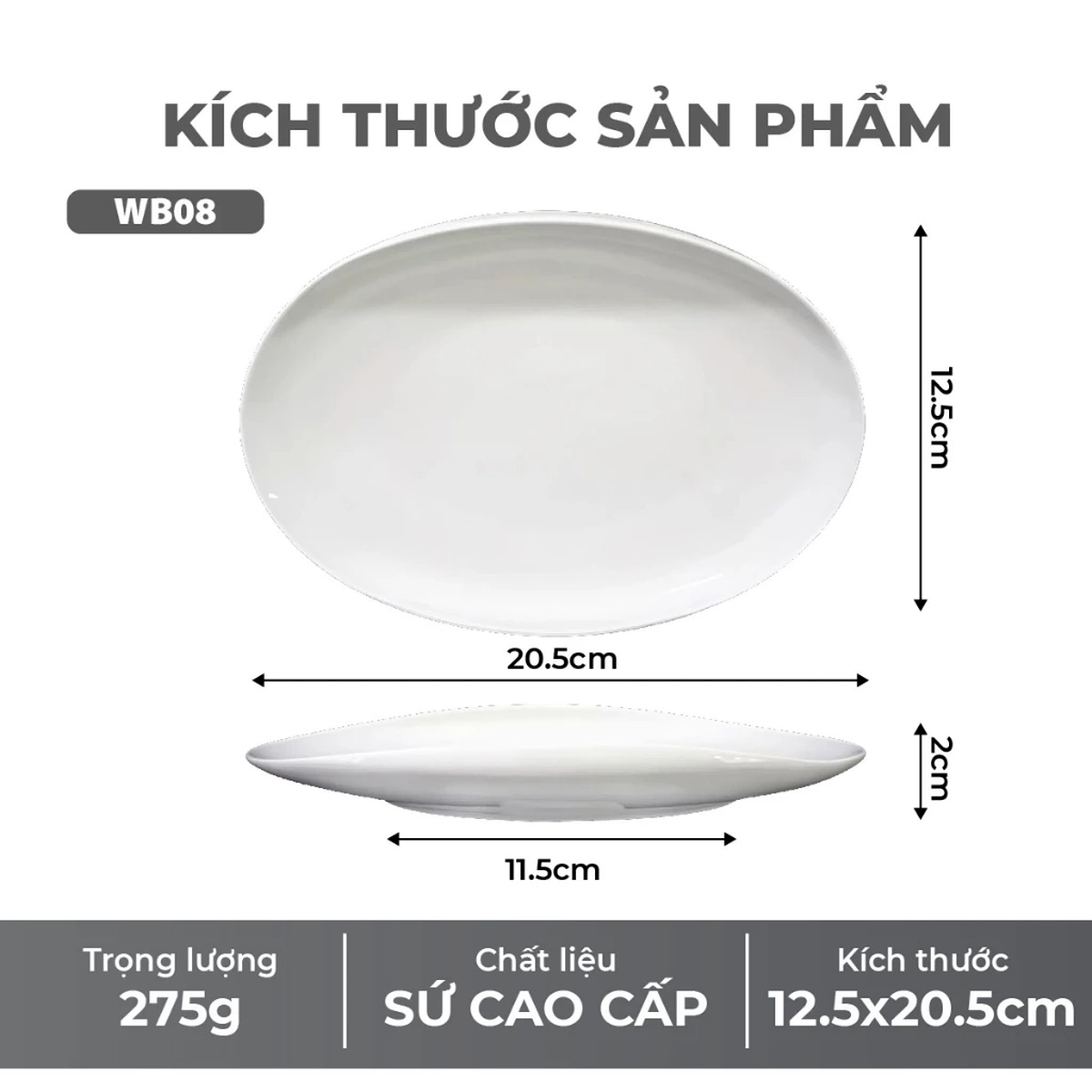 Đĩa sứ oval cao cấp trắng trơn Lebenlang WB08