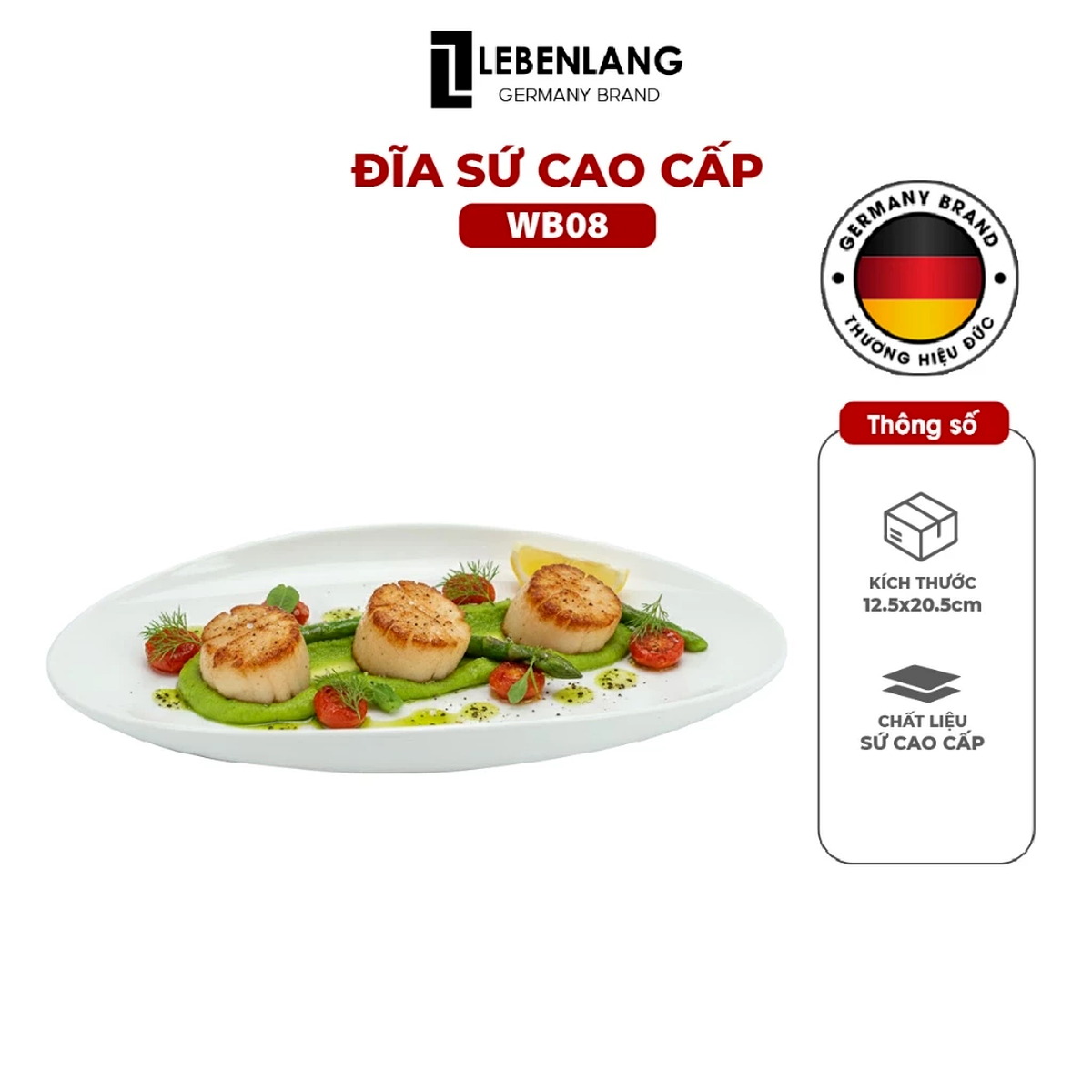 Đĩa sứ oval cao cấp trắng trơn Lebenlang WB08