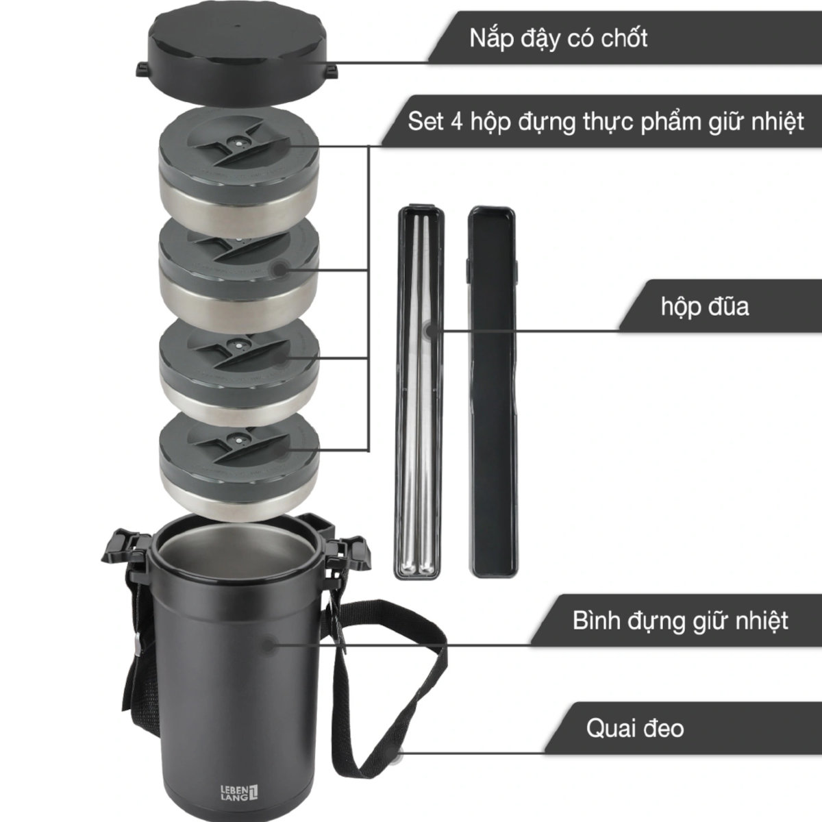 Hộp cơm giữ nhiệt 4 ngăn inox 304 Lebenlang Đức LBT856