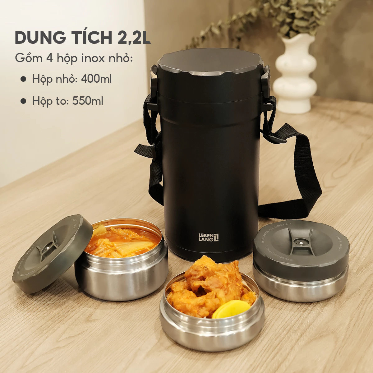 Hộp cơm giữ nhiệt 4 ngăn inox 304 Lebenlang Đức LBT856
