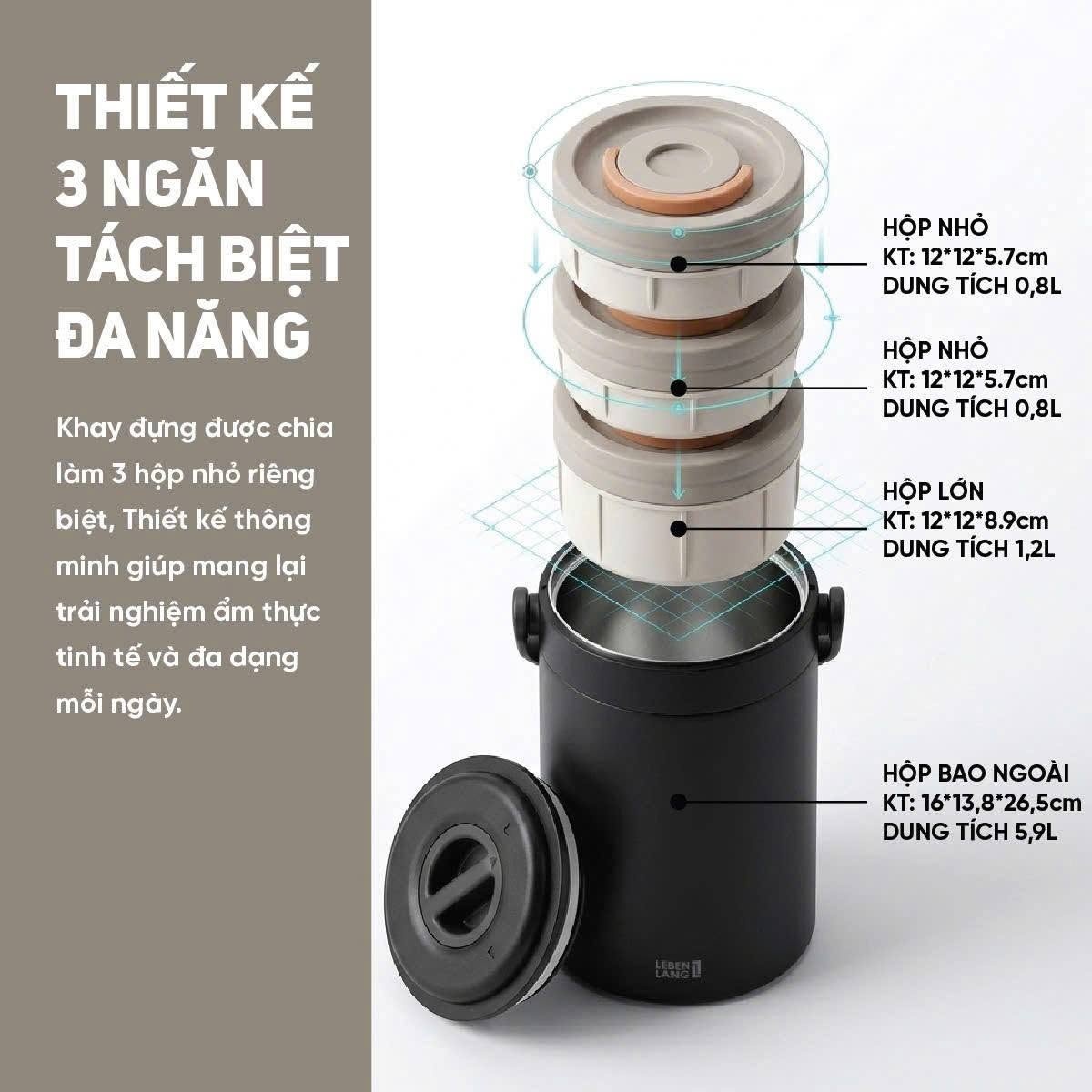 Hộp cơm giữ nhiệt 3 tầng Inox 304 Lebenlang LBL2019 dung tích 2.4L