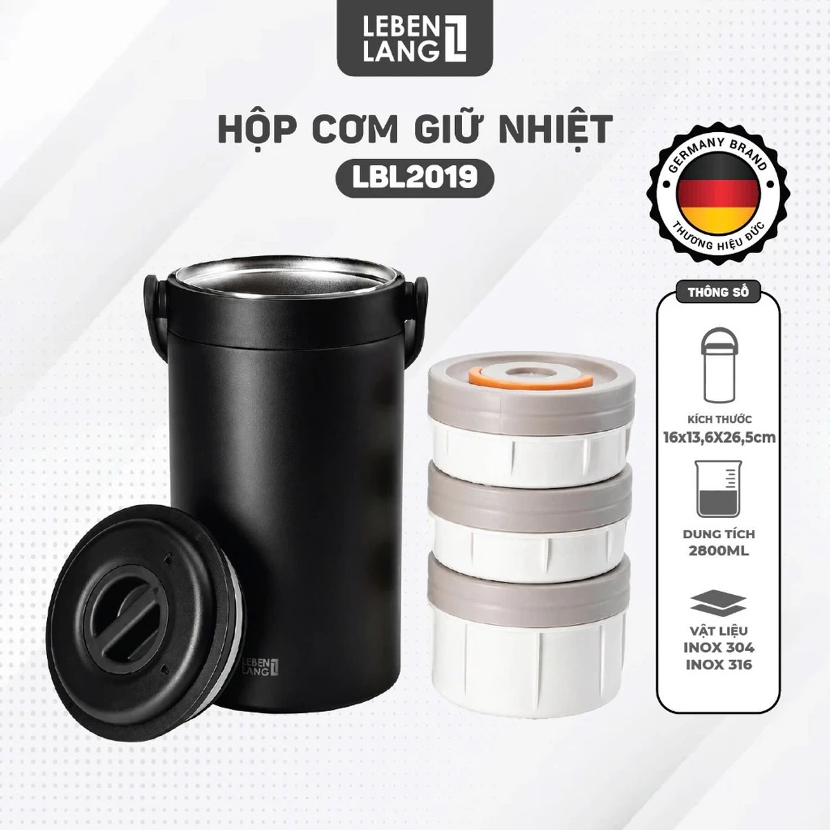 Hộp cơm giữ nhiệt 3 tầng Inox 304 Lebenlang LBL2019 dung tích 2.4L