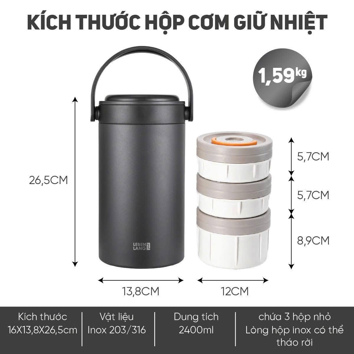 Hộp cơm giữ nhiệt 3 tầng Inox 304 Lebenlang LBL2019 dung tích 2.4L