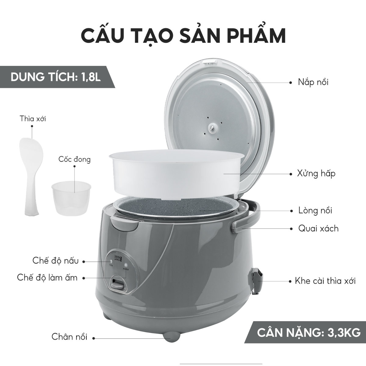 Nồi cơm điện 1.8L Lebenlang LBL1936 công suất 700W màu ghi