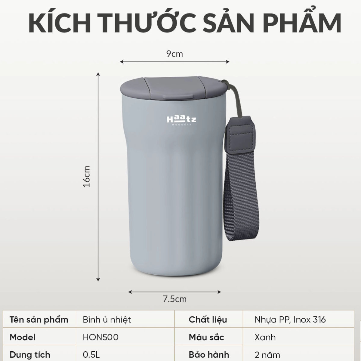 Cốc ủ nhiệt có phin lọc inox 316 Ongi Haatz HON500 dung tích 500ml