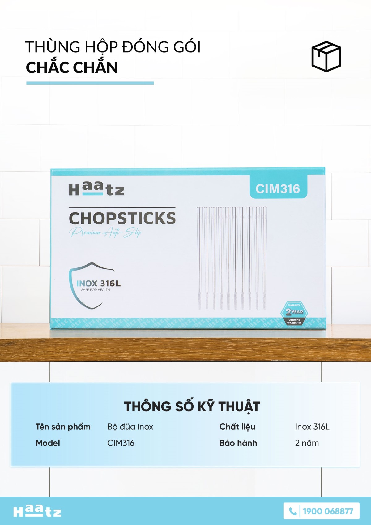 Bộ 10 đôi đũa inox 316L Haatz Hàn Quốc CIM316