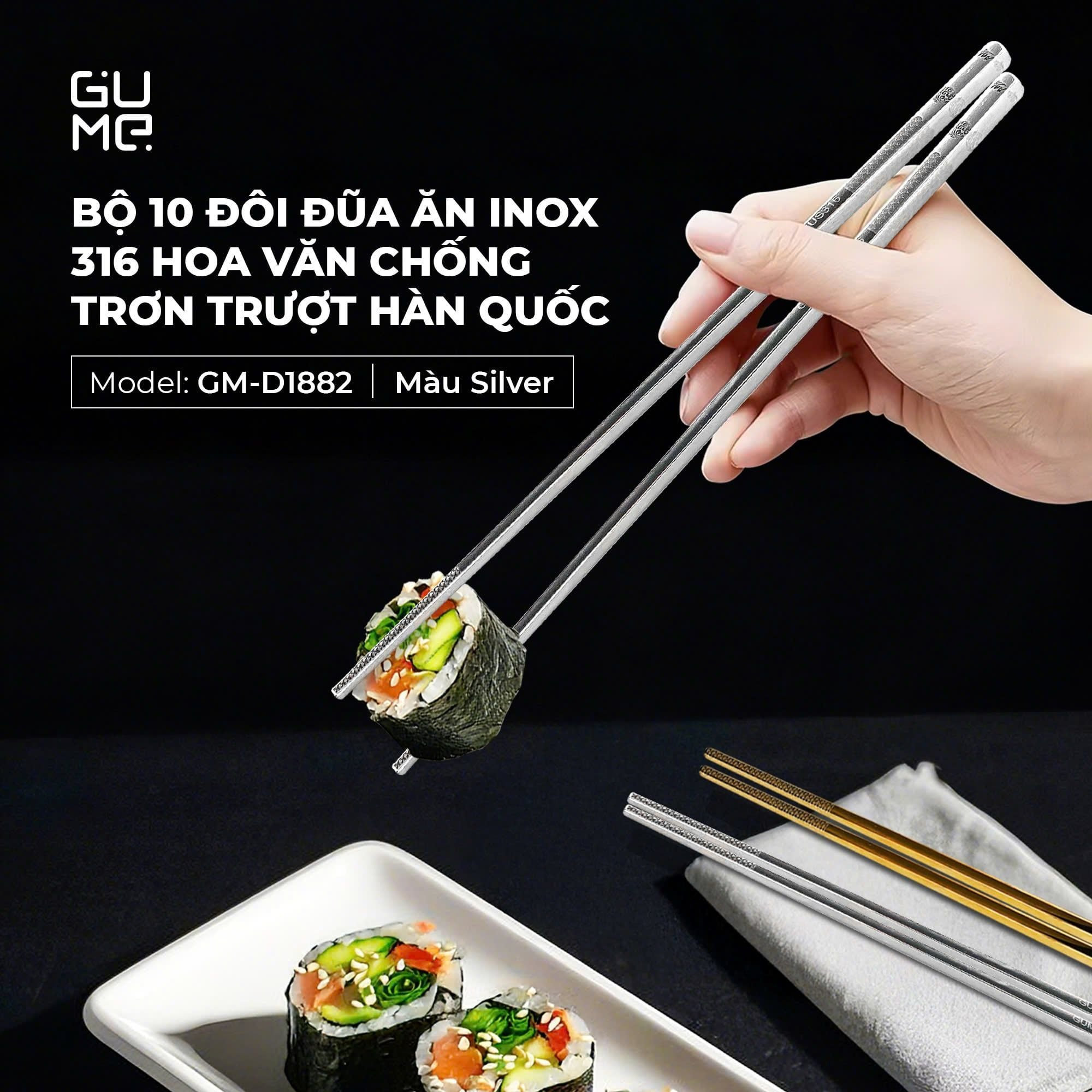 Bộ 10 đôi đũa ăn inox 316 hoa văn chống trơn trượt Gume Hàn Quốc