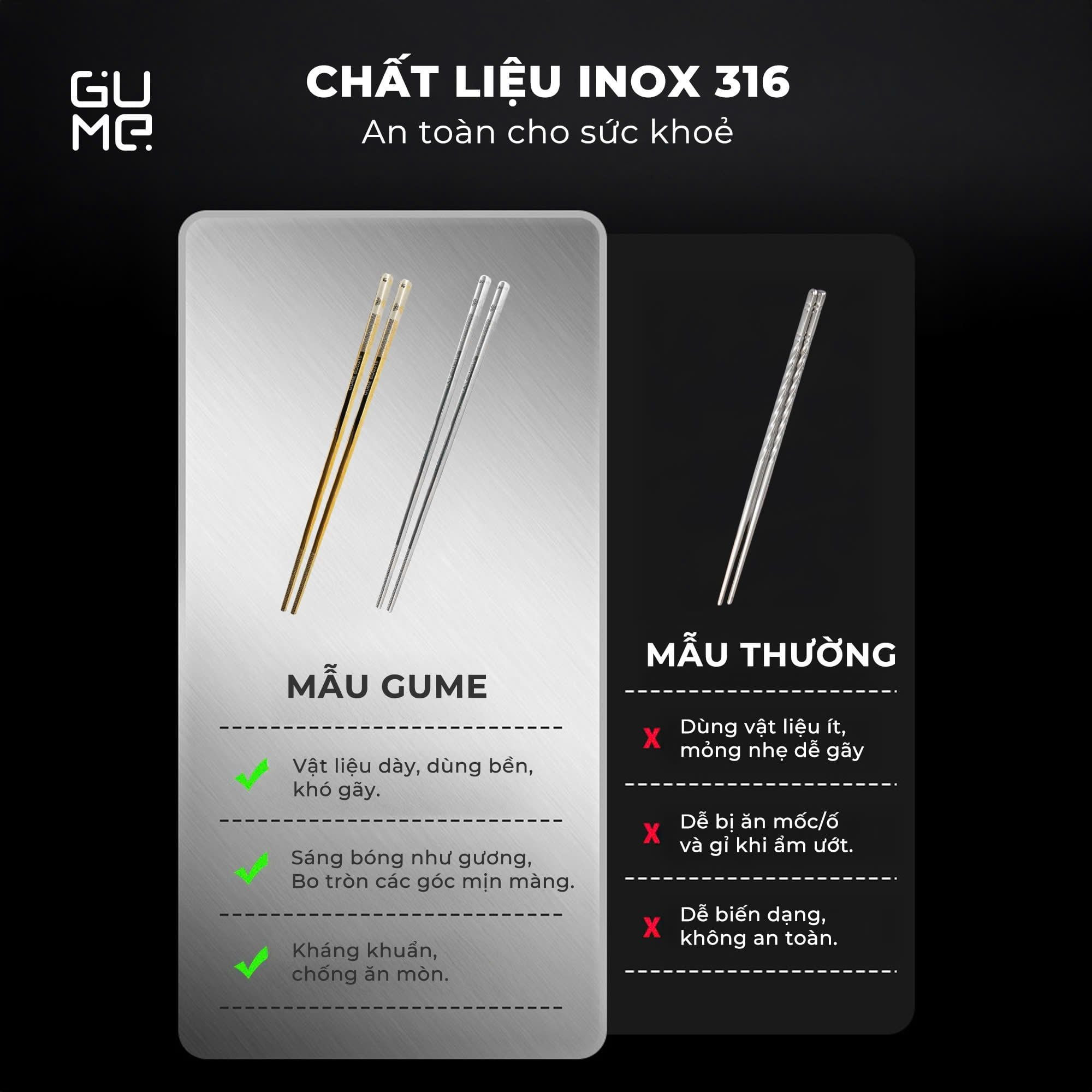 Bộ 10 đôi đũa ăn inox 316 hoa văn chống trơn trượt Gume Hàn Quốc