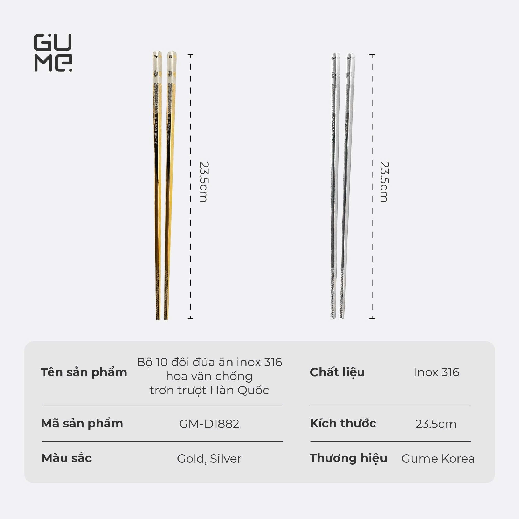 Bộ 10 đôi đũa ăn inox 316 hoa văn chống trơn trượt Gume Hàn Quốc