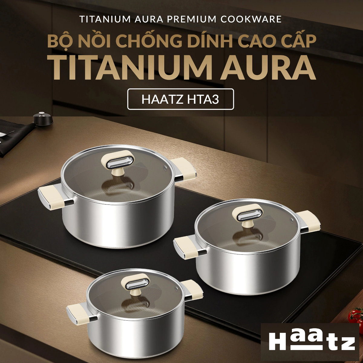 Bộ 3 nồi inox 316 đúc liền 7 lớp chống dính Titanium Aura