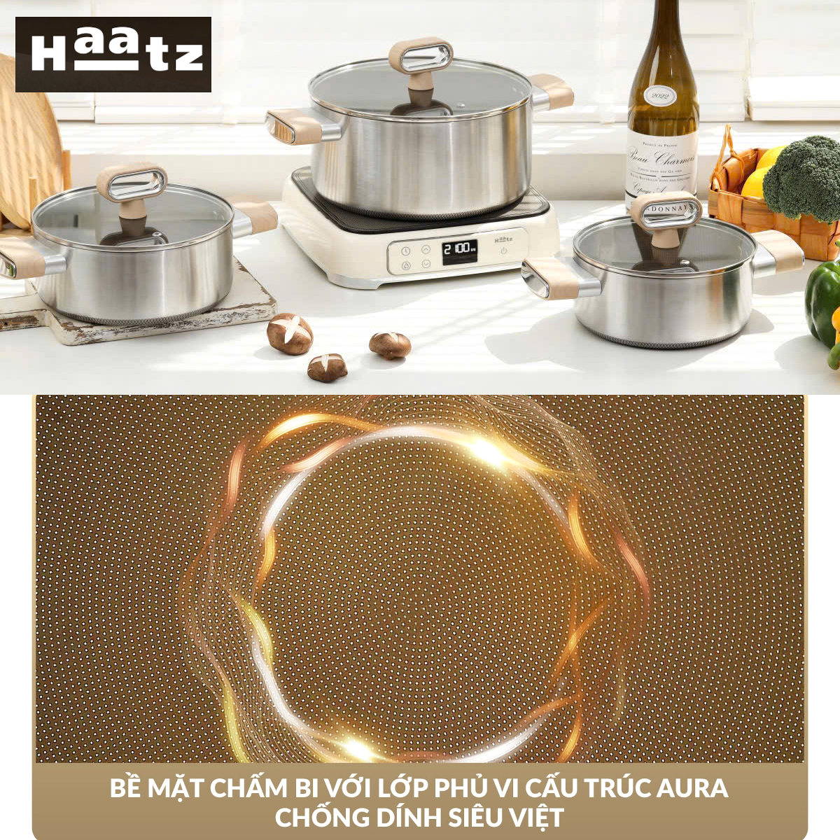 Bộ 3 nồi inox 316 đúc liền 7 lớp chống dính Titanium Aura