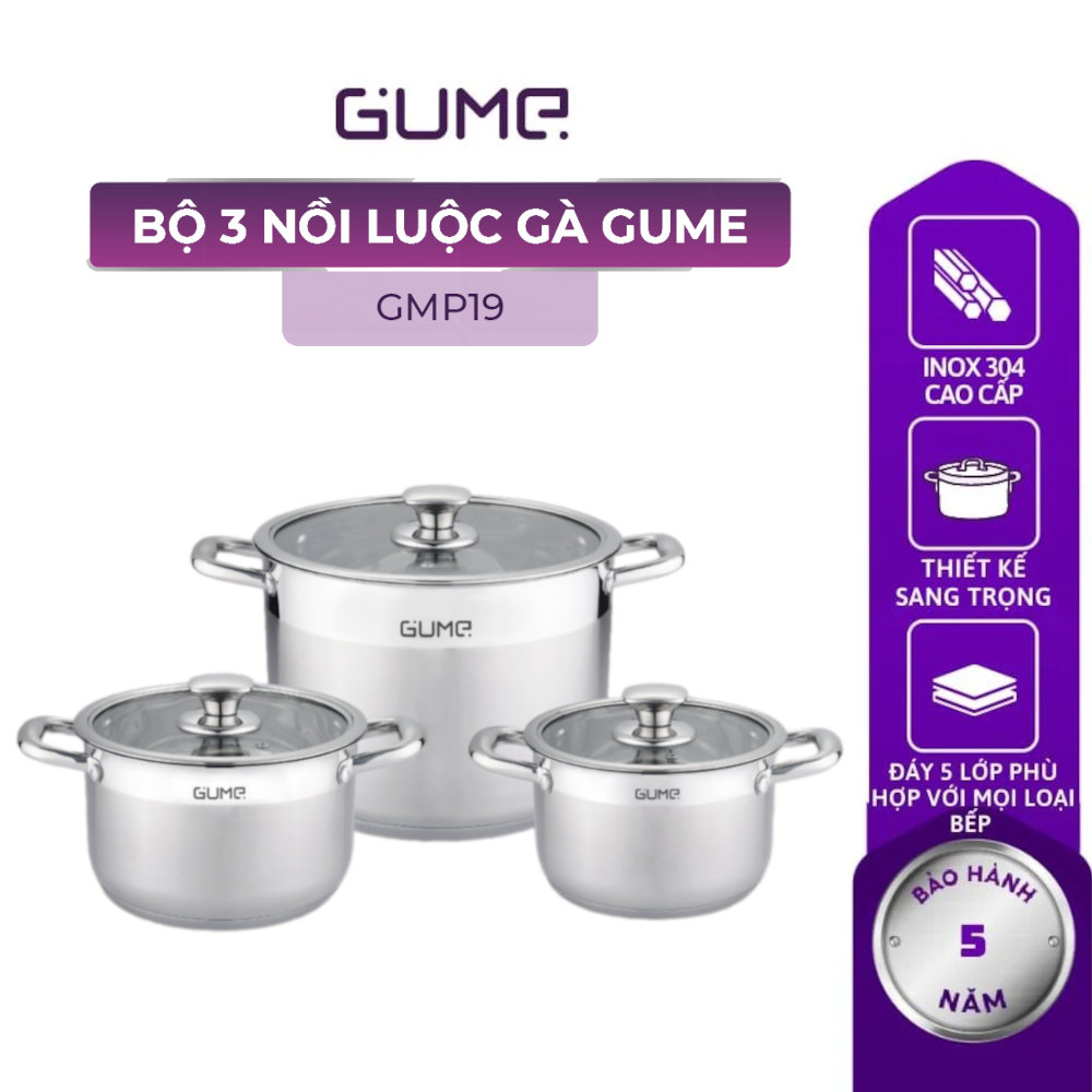 Bộ 3 nồi Inox 304 đáy 5 lớp Gume Hàn Quốc GMP19