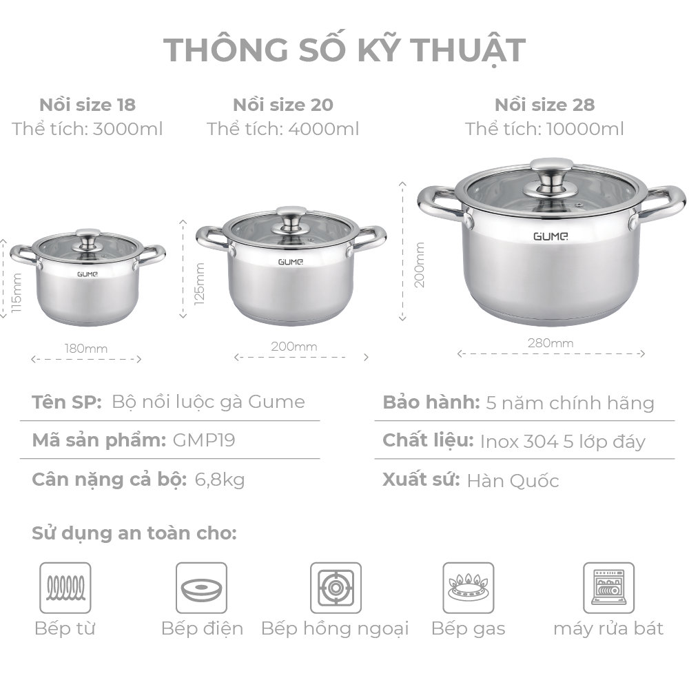 Bộ 3 nồi Inox 304 đáy 5 lớp Gume Hàn Quốc GMP19