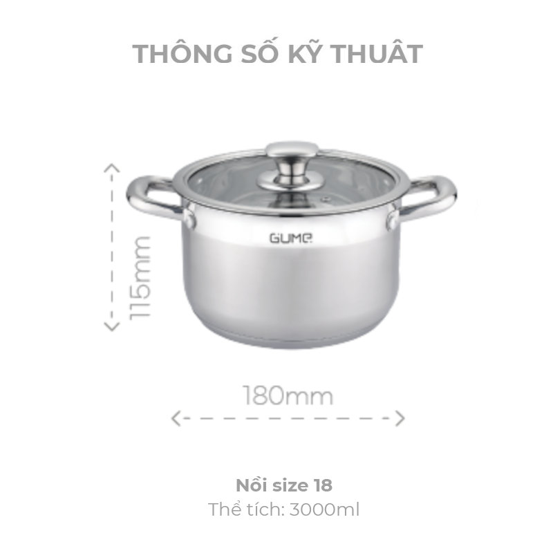 Nồi Inox 304 đáy 5 lớp Gume Hàn Quốc 18cm, bảo hành 5 năm