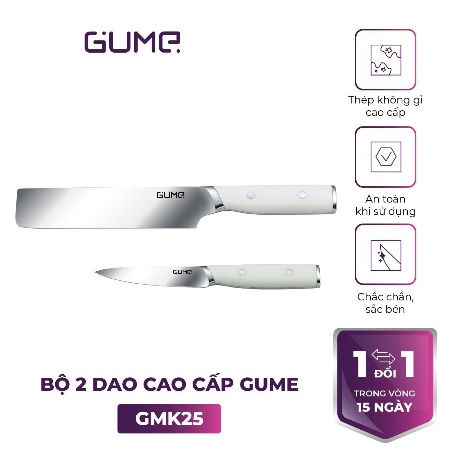 Bộ 2 dao nhà bếp thép không gỉ GUME KOREA GMK25, hàng chính hãng