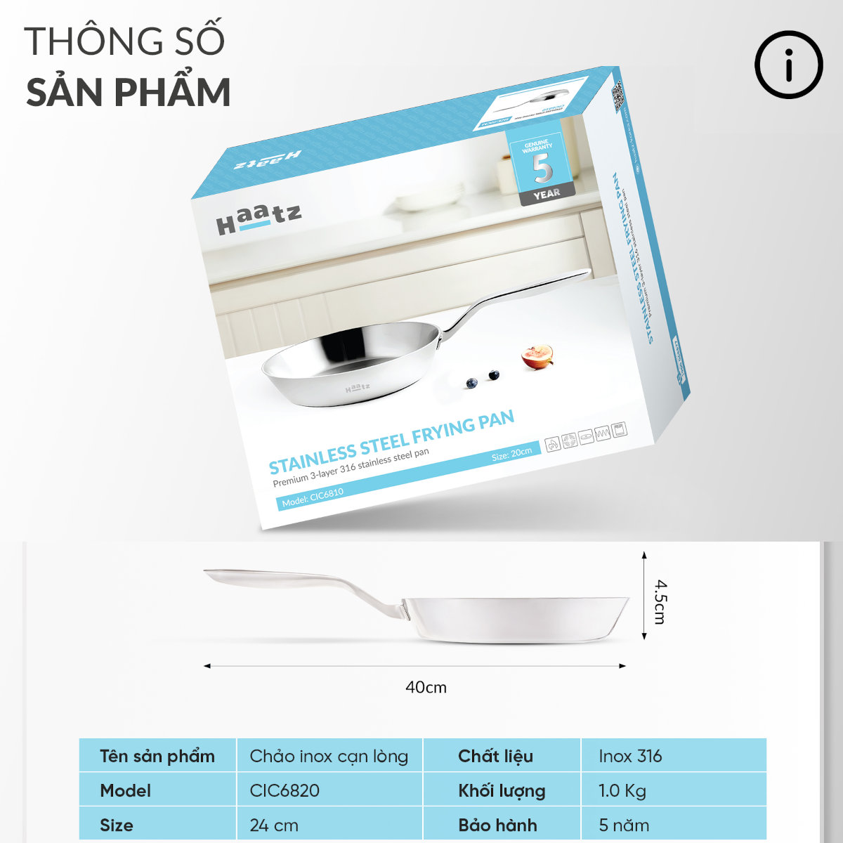 Chảo chiên rán inox 316 nguyên khối Haatz CIC6820 size 24cm