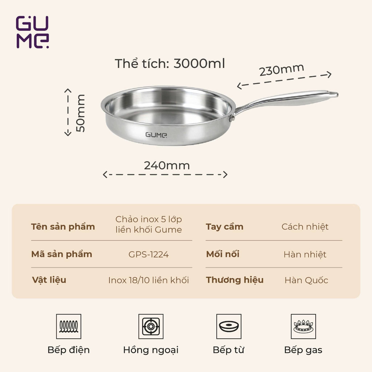 Chảo Inox 18/10 nguyên khối 5 lớp Gume Hàn Quốc