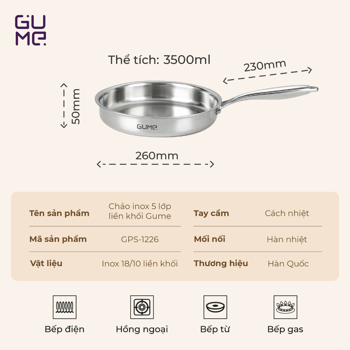 Chảo Inox 18/10 nguyên khối 5 lớp Gume Hàn Quốc size 26cm