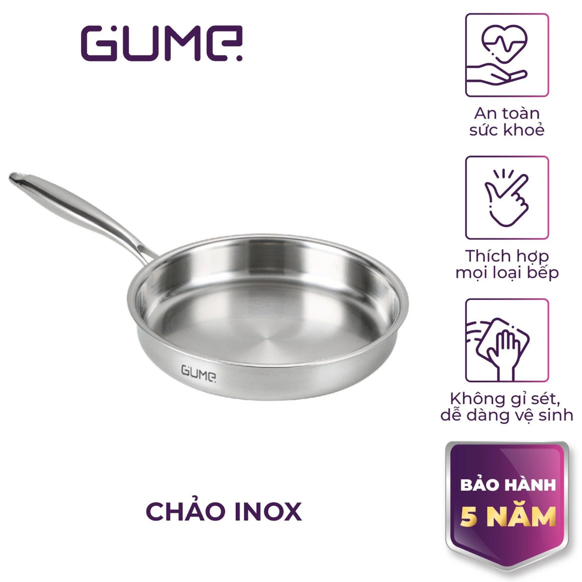 Chảo Inox 5 Lớp liền khối Gume Hàn Quốc GPS-1228 size 28cm