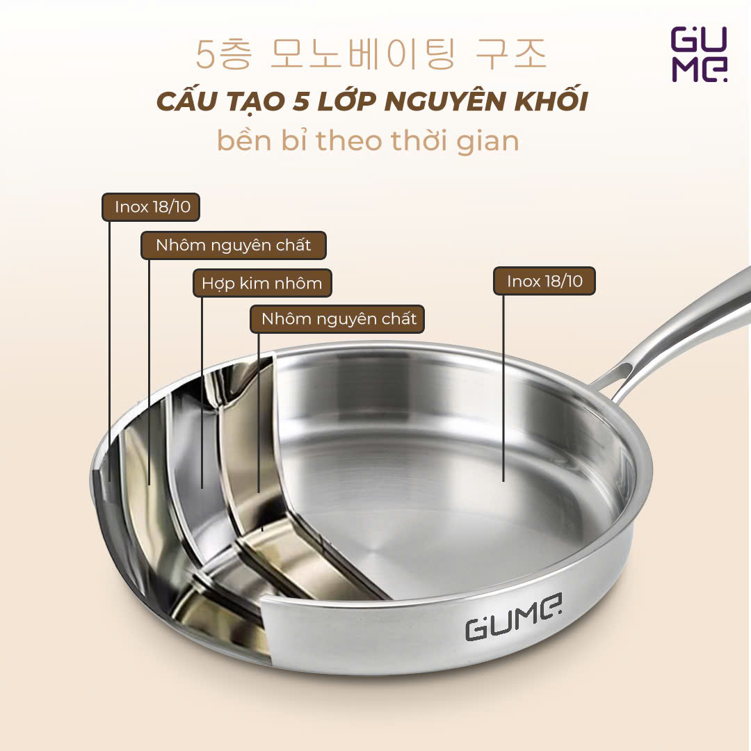 Chảo Inox 18/10 nguyên khối 5 lớp Gume Hàn Quốc size 16cm