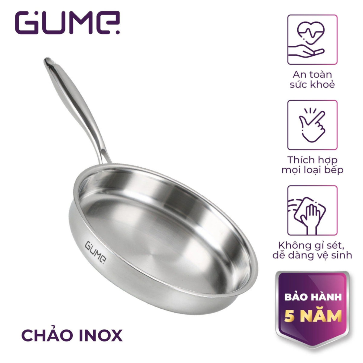 Chảo Inox 18/10 nguyên khối 5 lớp Gume Hàn Quốc size 16cm