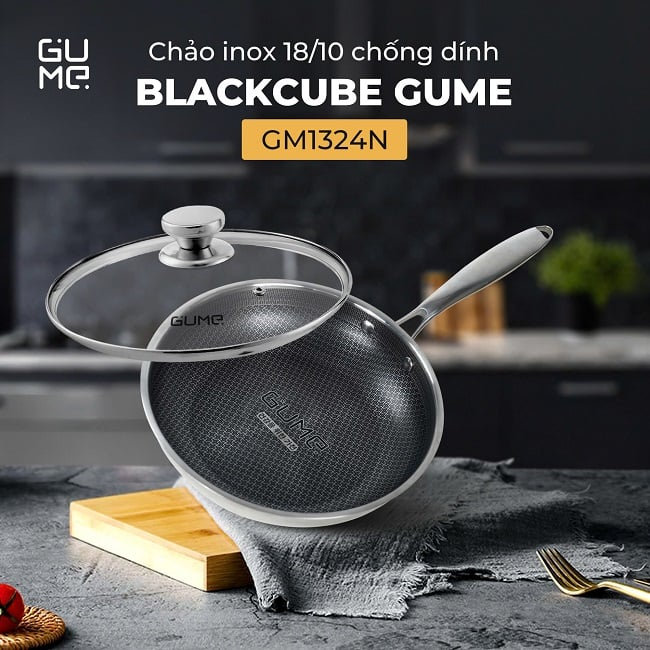 Chảo inox 18/10 chống dính Blackcube Gume Korea GM1324N vung kính