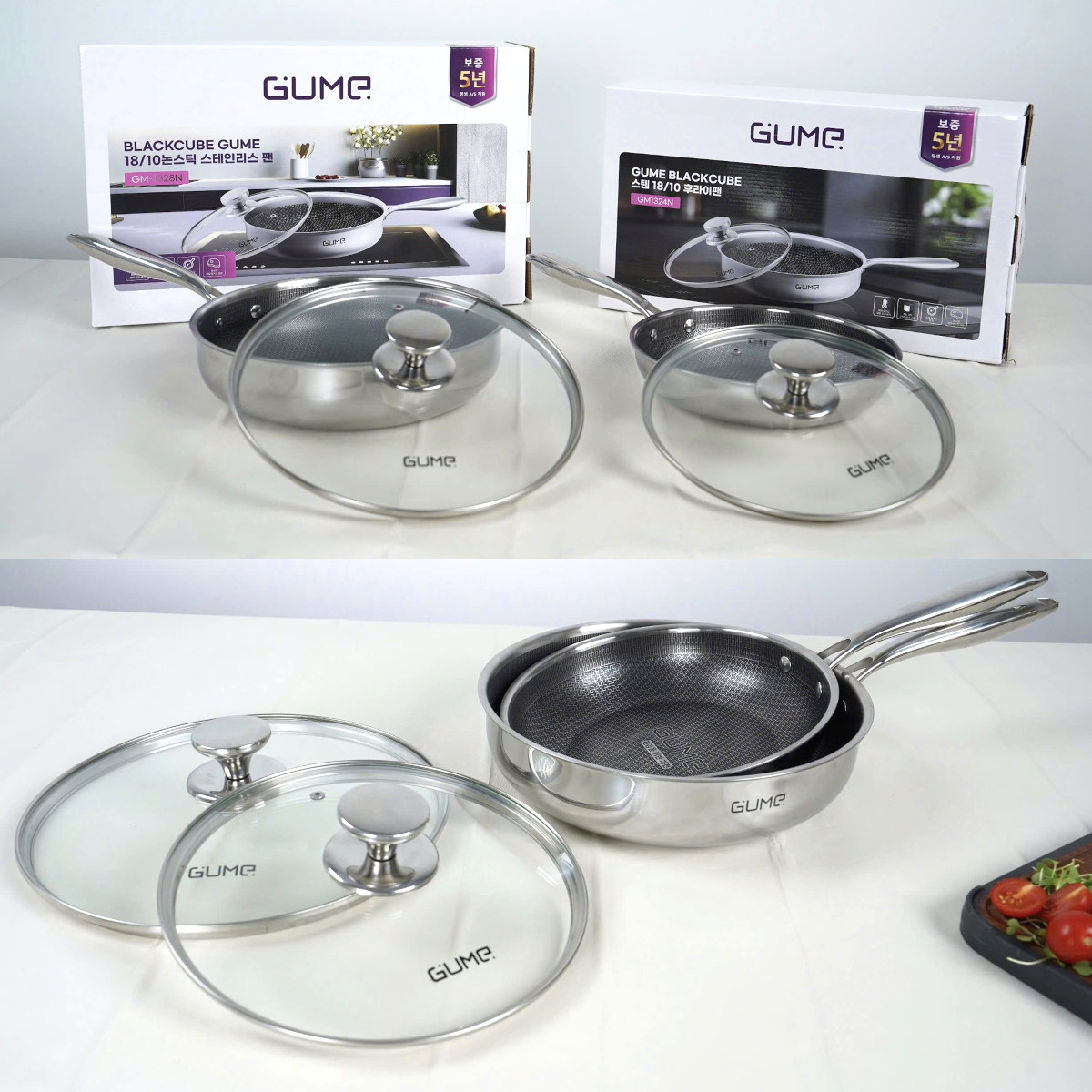 Chảo inox 18/10 chống dính Blackcube Gume Korea GM1324N vung kính