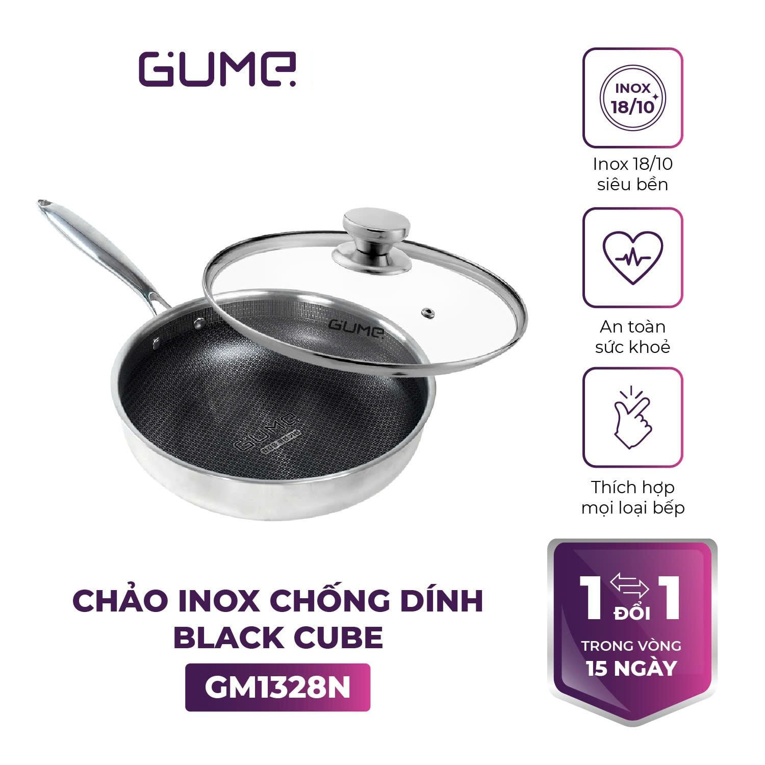Chảo inox 18/10 chống dính Blackcube Gume Korea GM1328N size 28cm