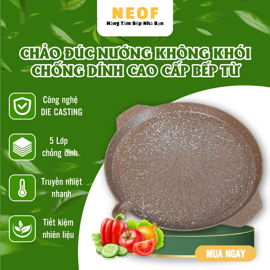 Chảo nướng chống dính 6 lớp 2 quai BBQ Hàn Quốc NEOF 28cm đáy từ