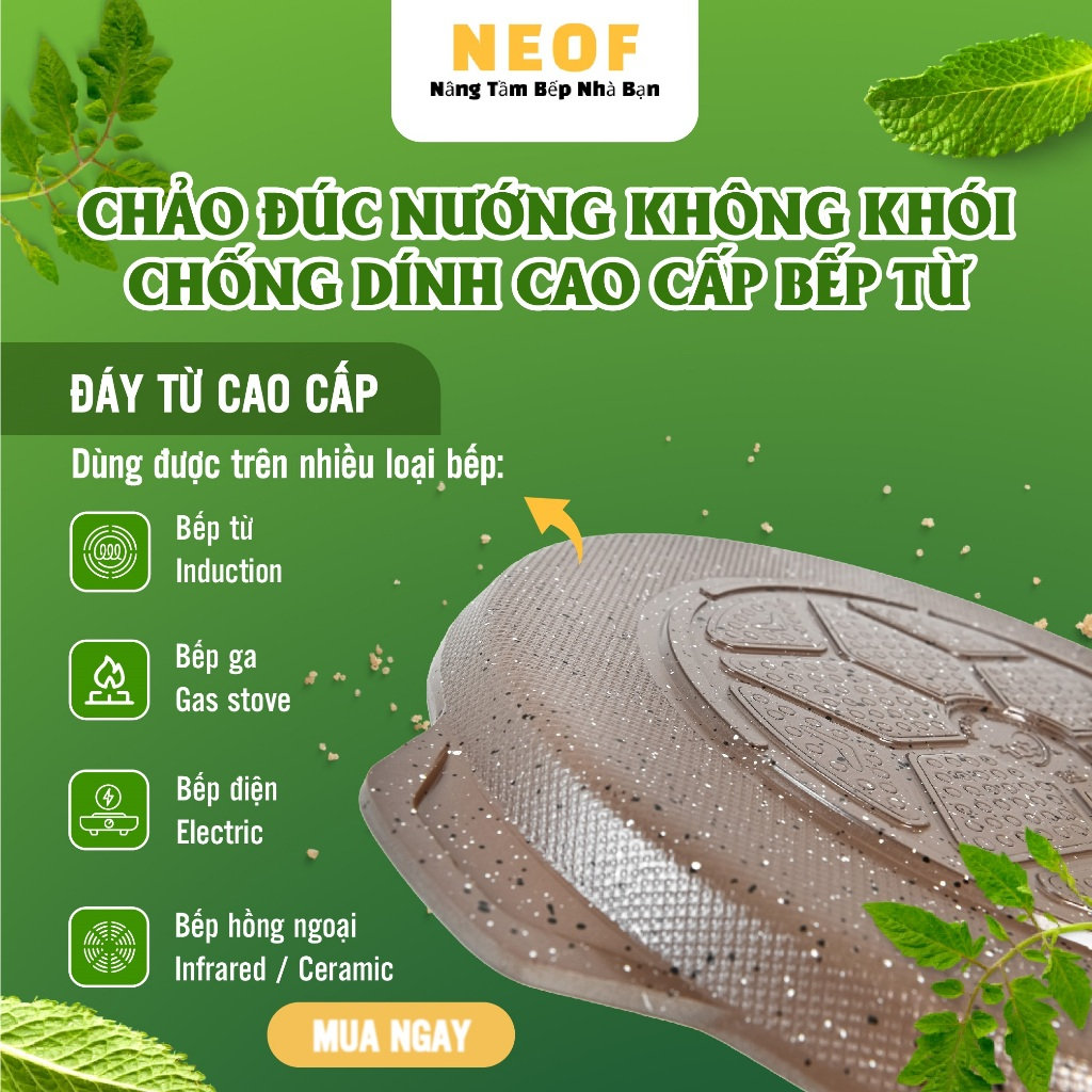 Chảo nướng chống dính 6 lớp 2 quai BBQ Hàn Quốc NEOF 28cm đáy từ