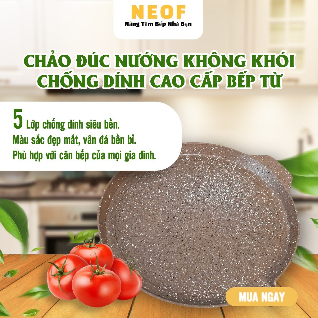 Chảo nướng chống dính 6 lớp 2 quai BBQ Hàn Quốc NEOF 28cm đáy từ