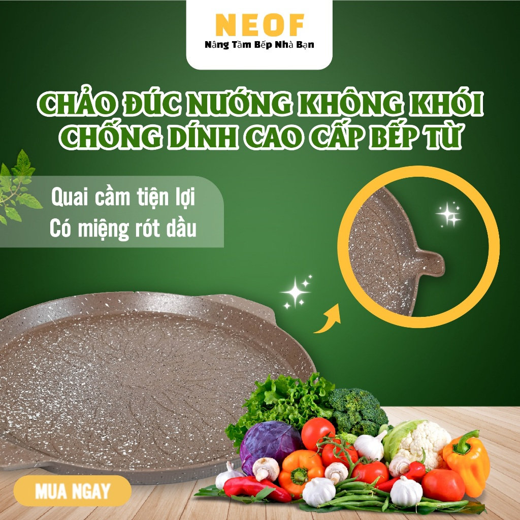 Chảo nướng chống dính 6 lớp 2 quai BBQ Hàn Quốc NEOF 28cm đáy từ