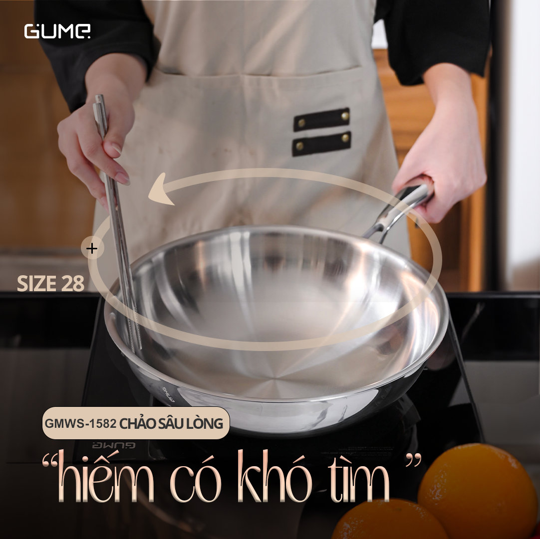 Chảo sâu lòng Inox 304 đúc liền khối 5 lớp GUME Hàn Quốc 28cm