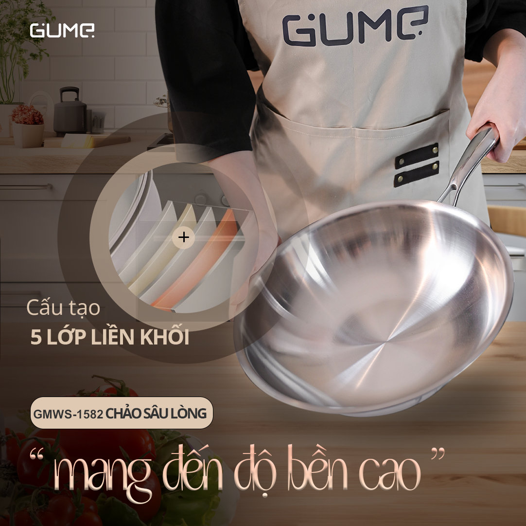 Chảo sâu lòng Inox 304 đúc liền khối 5 lớp GUME Hàn Quốc 28cm