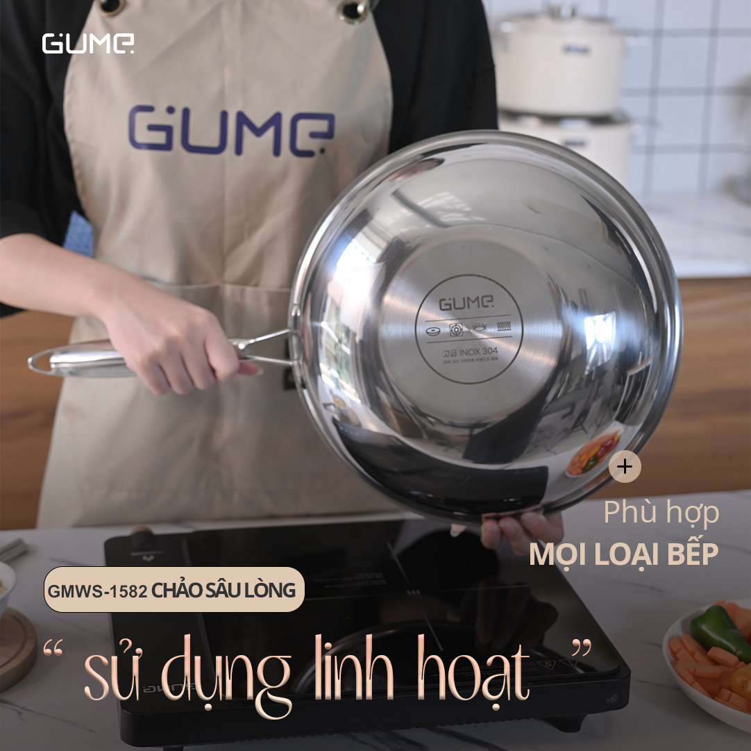 Chảo sâu lòng Inox 304 đúc liền khối 5 lớp GUME Hàn Quốc 28cm